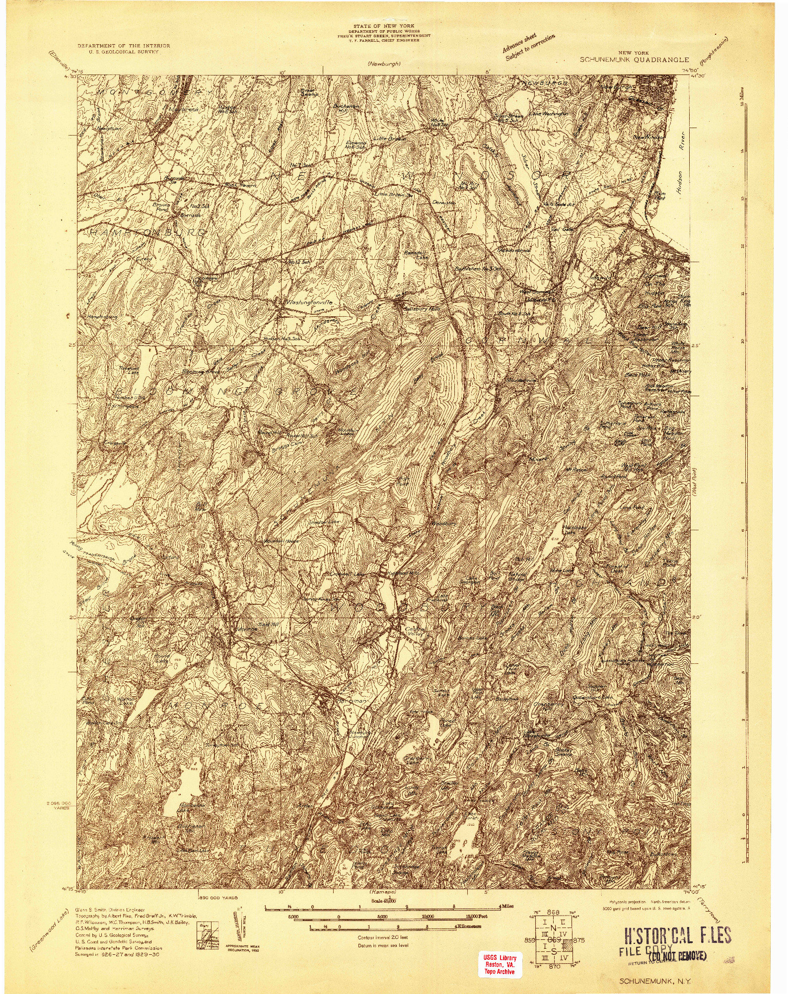 USGS 1:48000-SCALE QUADRANGLE FOR SCHUNEMUNK, NY 1930