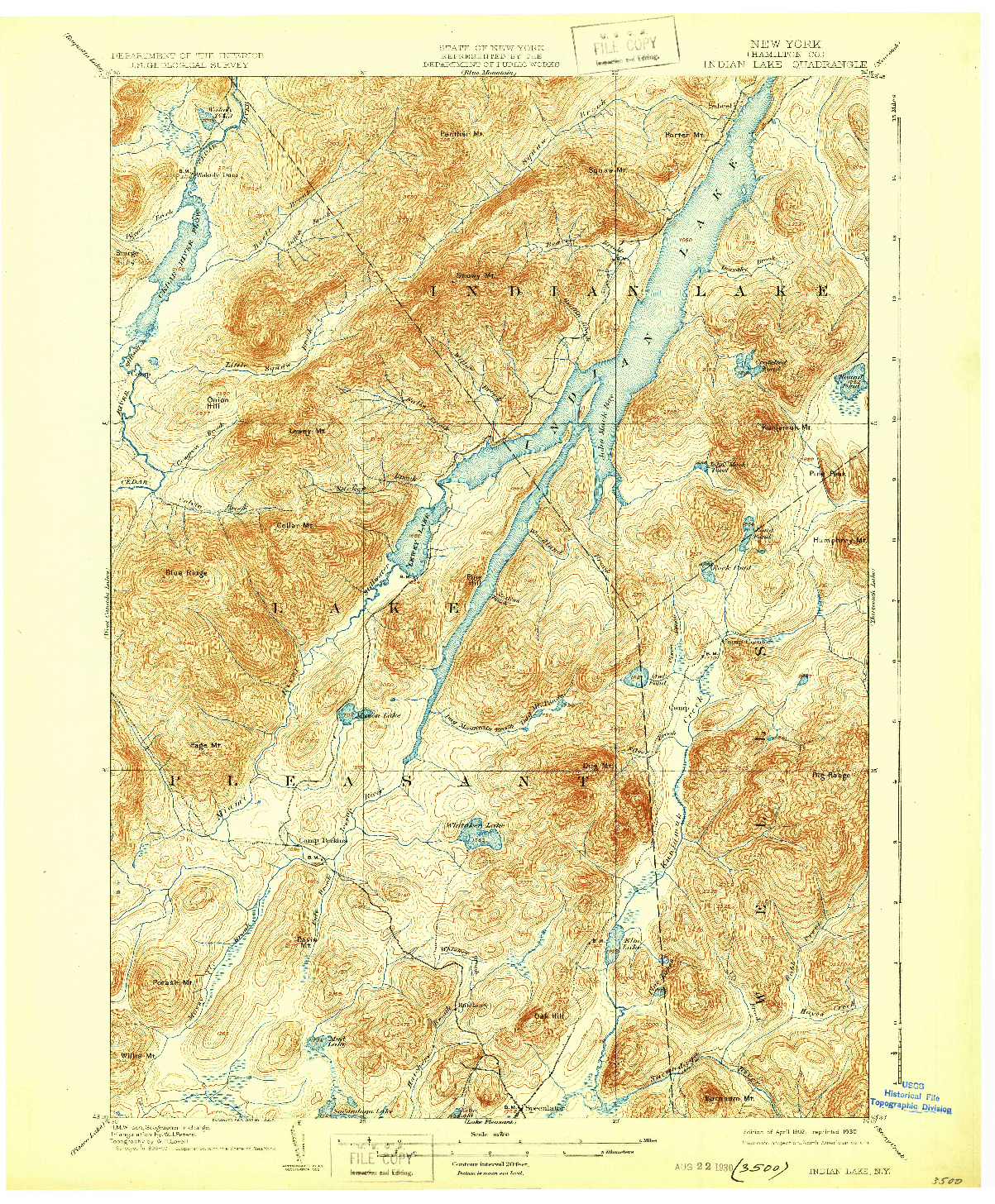 USGS 1:62500-SCALE QUADRANGLE FOR INDIAN LAKE, NY 1902