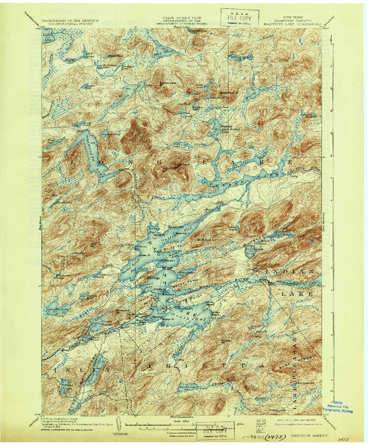 USGS 1:62500-SCALE QUADRANGLE FOR RAQUETTE LAKE, NY 1903