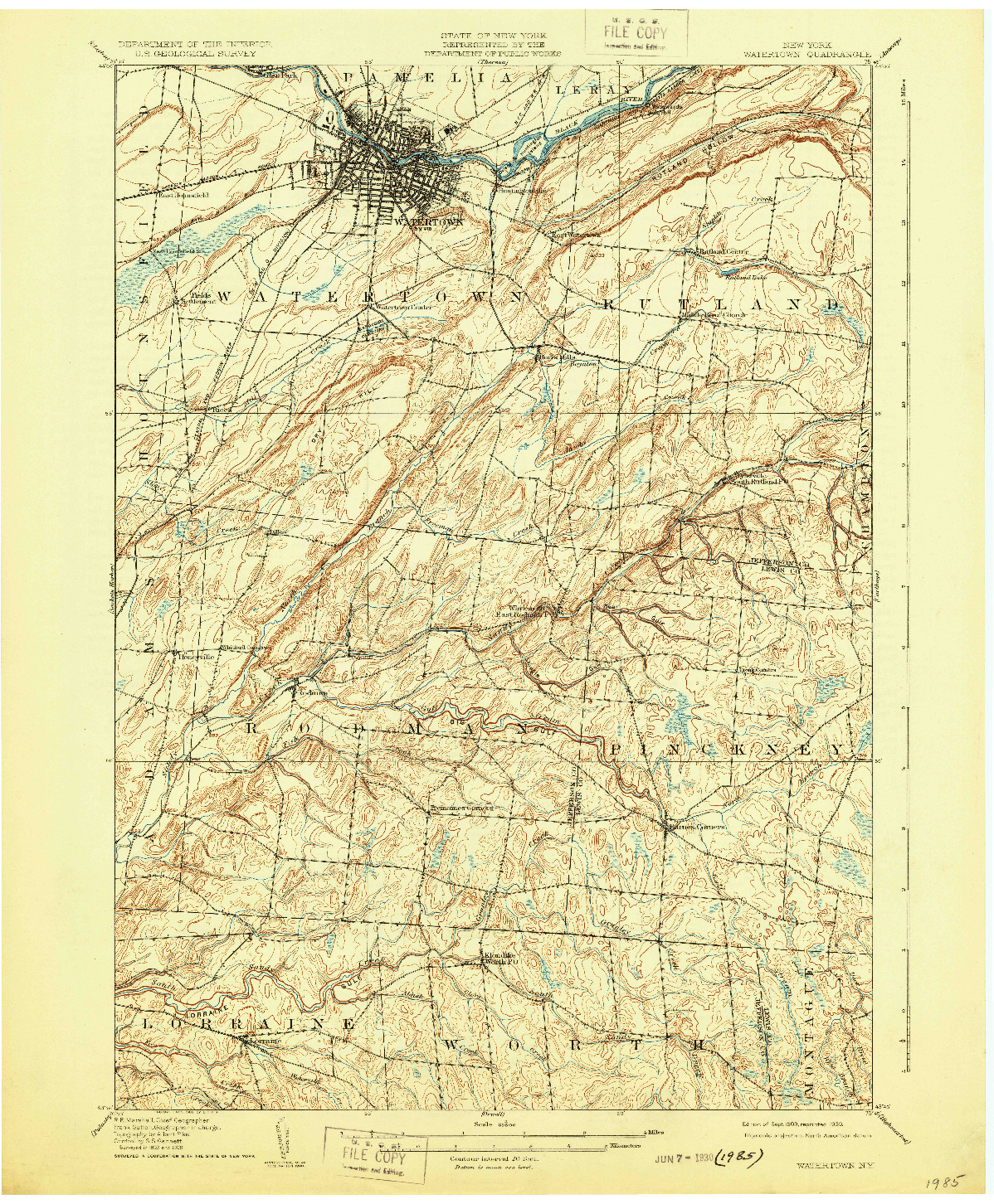 USGS 1:62500-SCALE QUADRANGLE FOR WATERTOWN, NY 1909