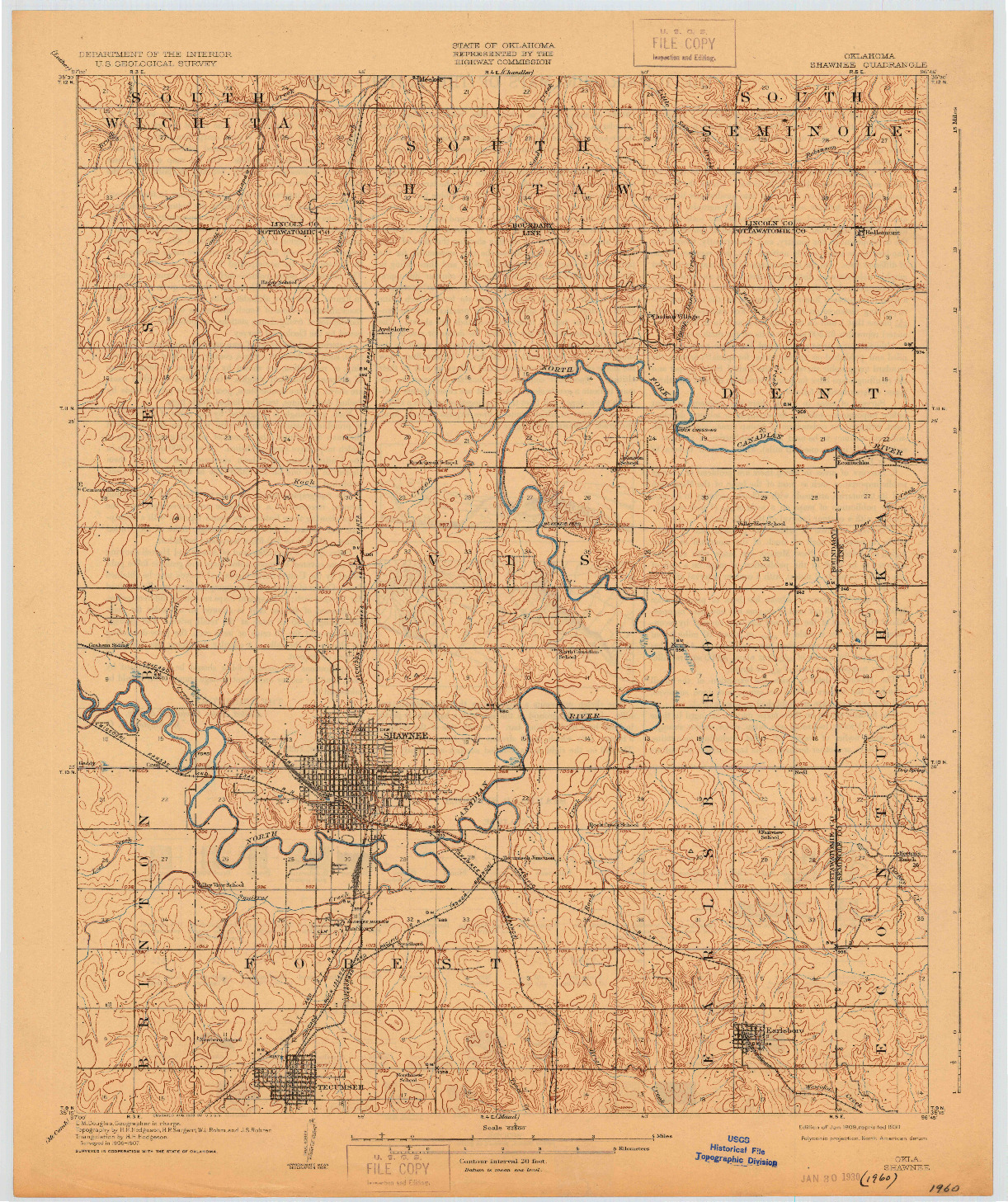 USGS 1:62500-SCALE QUADRANGLE FOR SHAWNEE, OK 1909