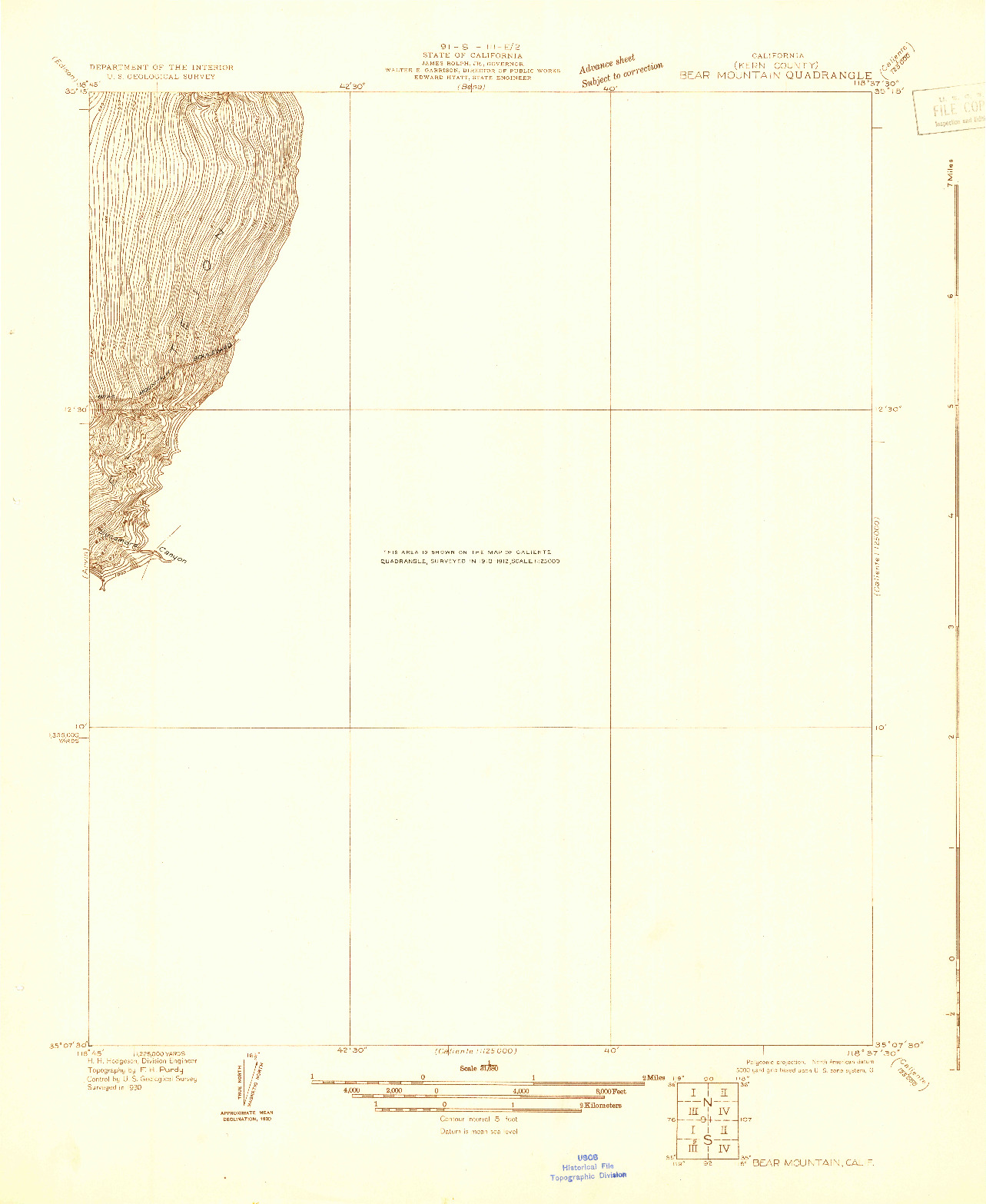 USGS 1:31680-SCALE QUADRANGLE FOR BEAR MOUNTAIN, CA 1930