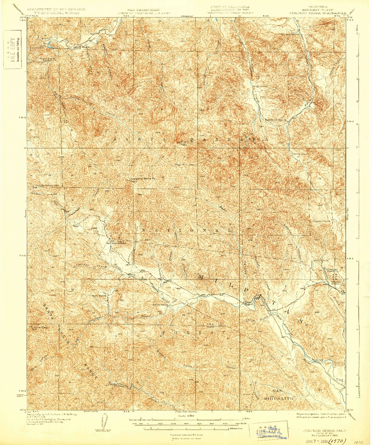 USGS 1:62500-SCALE QUADRANGLE FOR JUNIPERO SERRA, CA 1919