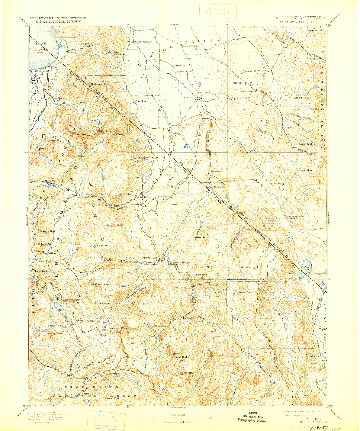 USGS 1:125000-SCALE QUADRANGLE FOR MARKLEEVILLE, CA 1893