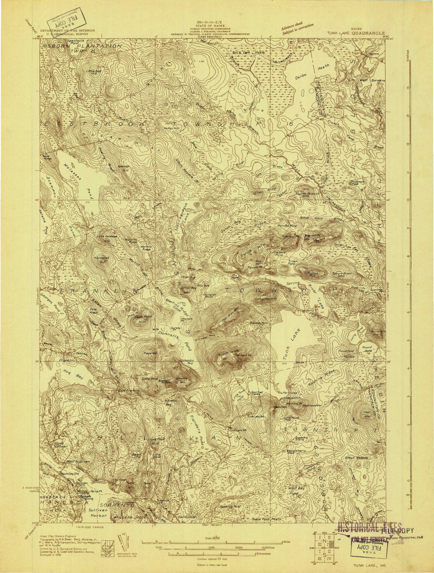 USGS 1:48000-SCALE QUADRANGLE FOR TUNK LAKE, ME 1930