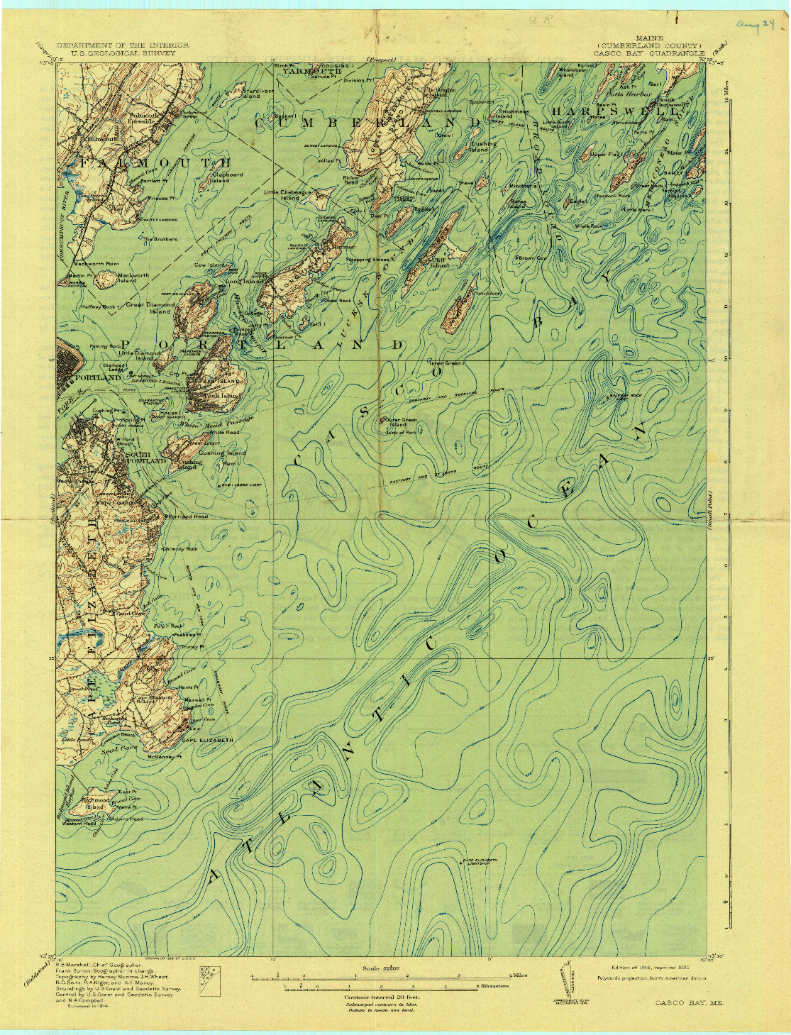 USGS 1:62500-SCALE QUADRANGLE FOR CASCO BAY, ME 1916