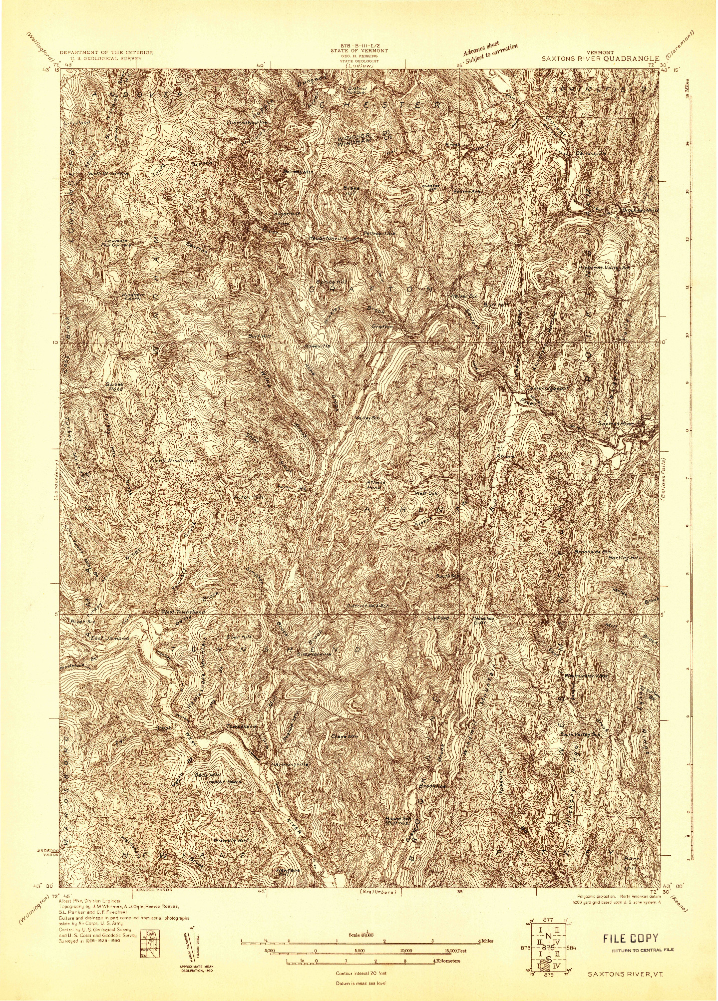 USGS 1:48000-SCALE QUADRANGLE FOR SAXTONS RIVER, VT 1930