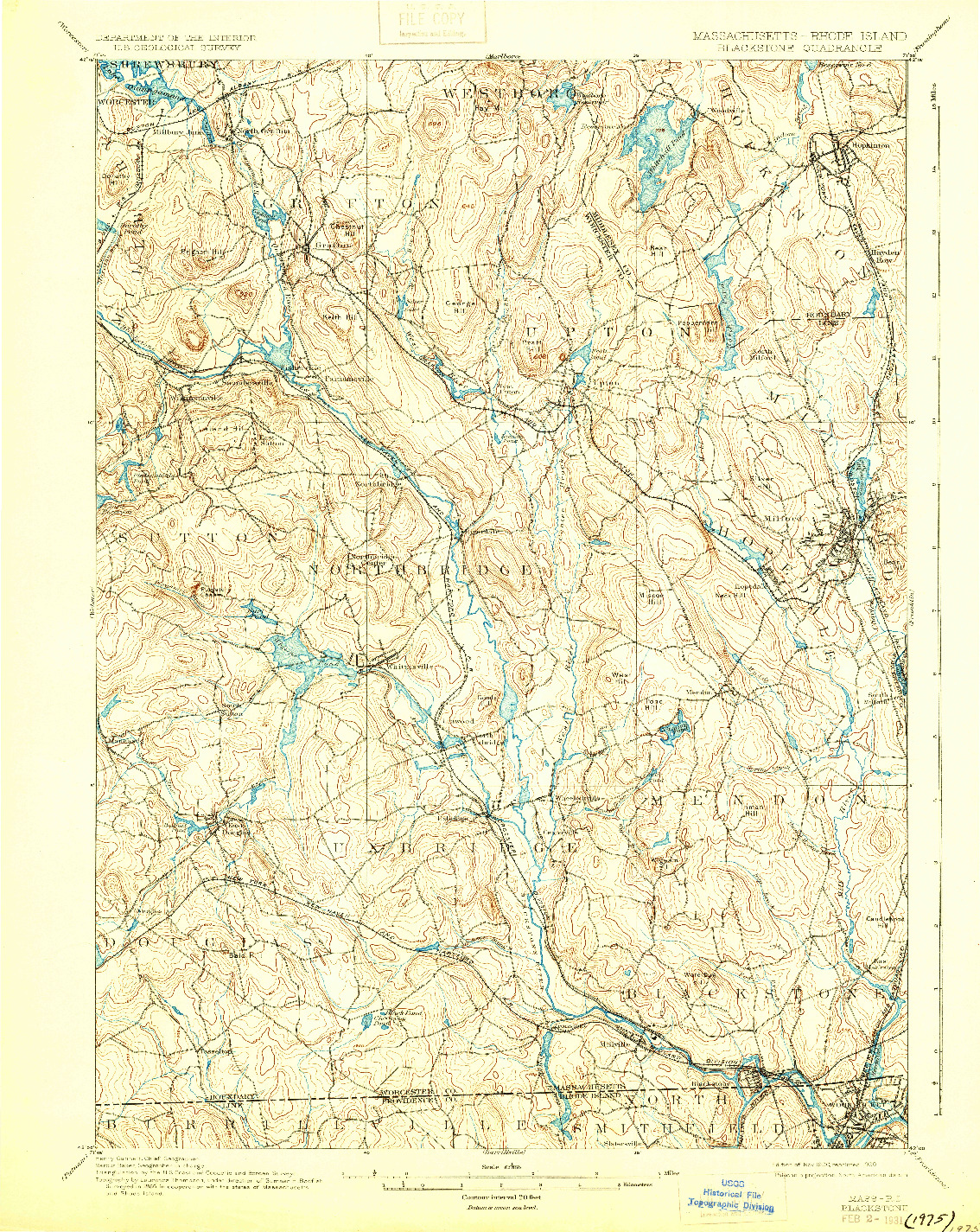 USGS 1:62500-SCALE QUADRANGLE FOR BLACKSTONE, MA 1900