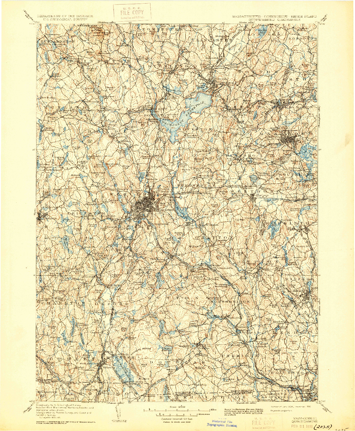 USGS 1:125000-SCALE QUADRANGLE FOR QUINSIGAMOND, MA 1908