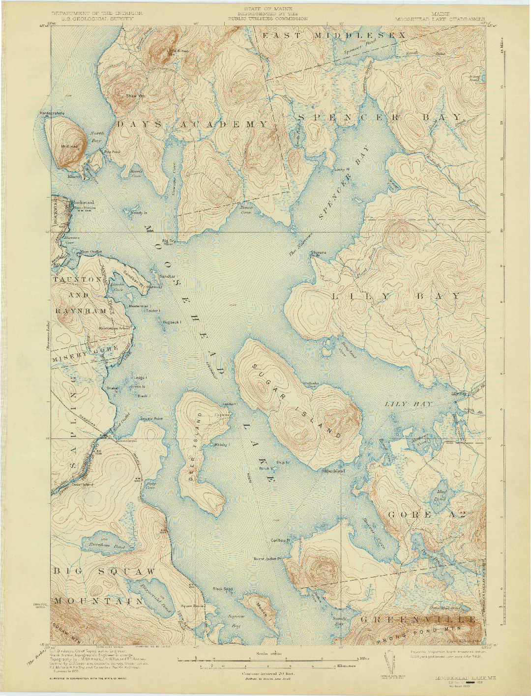 USGS 1:62500-SCALE QUADRANGLE FOR MOOSEHEAD LAKE, ME 1922