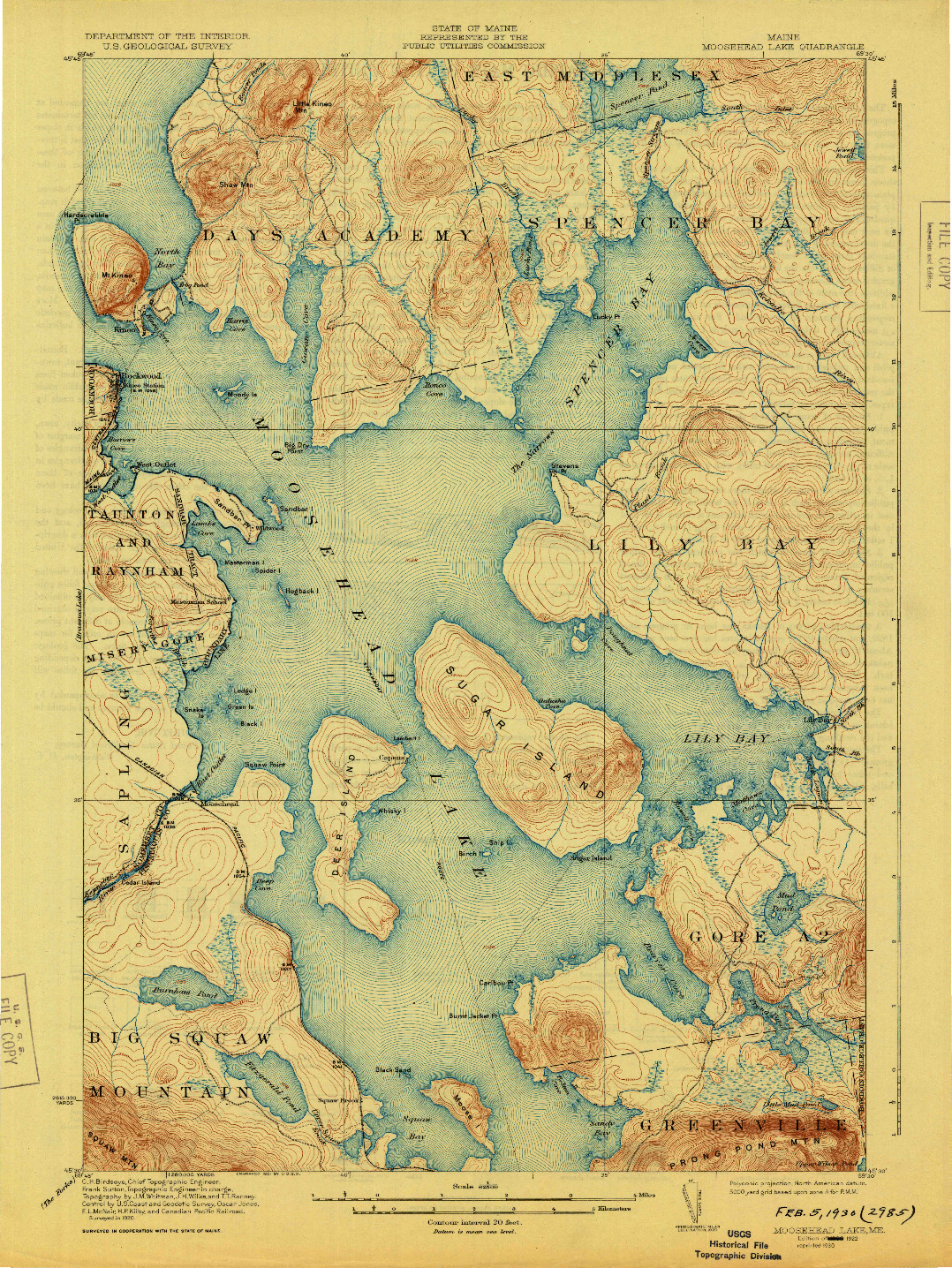 USGS 1:62500-SCALE QUADRANGLE FOR MOOSEHEAD LAKE, ME 1922