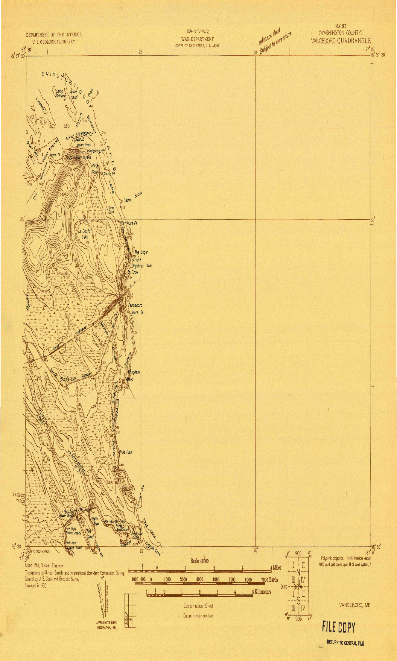 USGS 1:48000-SCALE QUADRANGLE FOR VANCEBORO, ME 1930