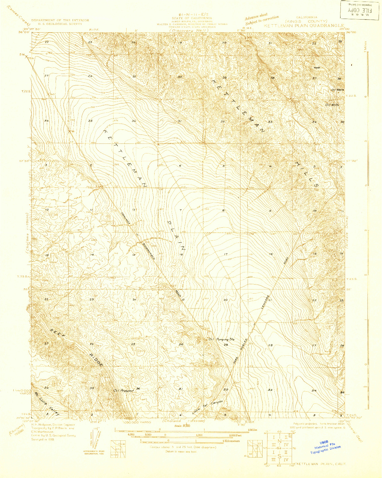 USGS 1:31680-SCALE QUADRANGLE FOR KETTLEMAN PLAIN, CA 1930