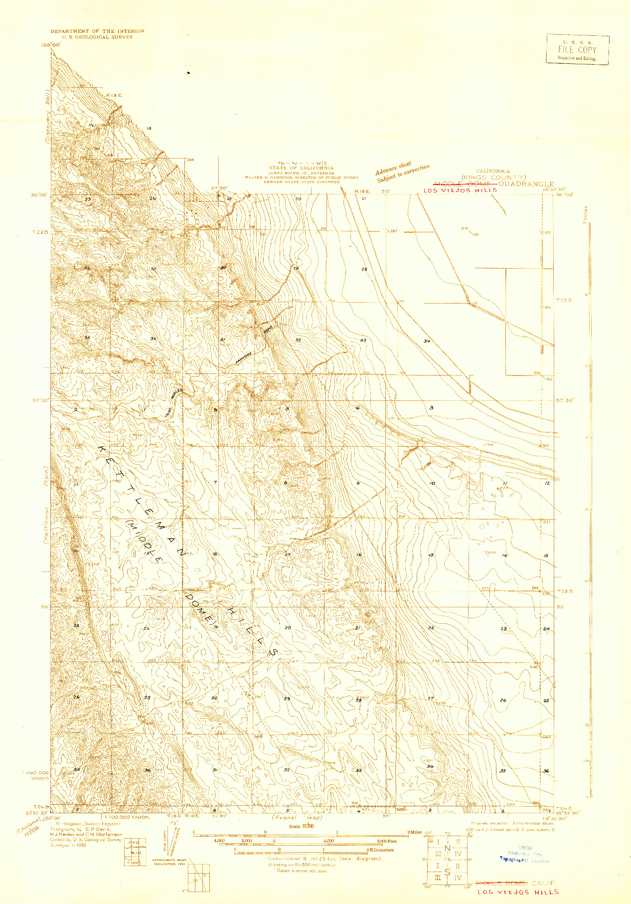 USGS 1:31680-SCALE QUADRANGLE FOR MIDDLE DOME, CA 1930