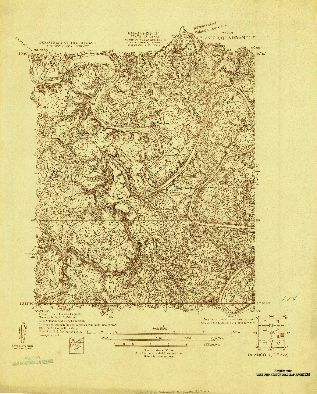 USGS 1:48000-SCALE QUADRANGLE FOR BLANCO-1, TX 1930