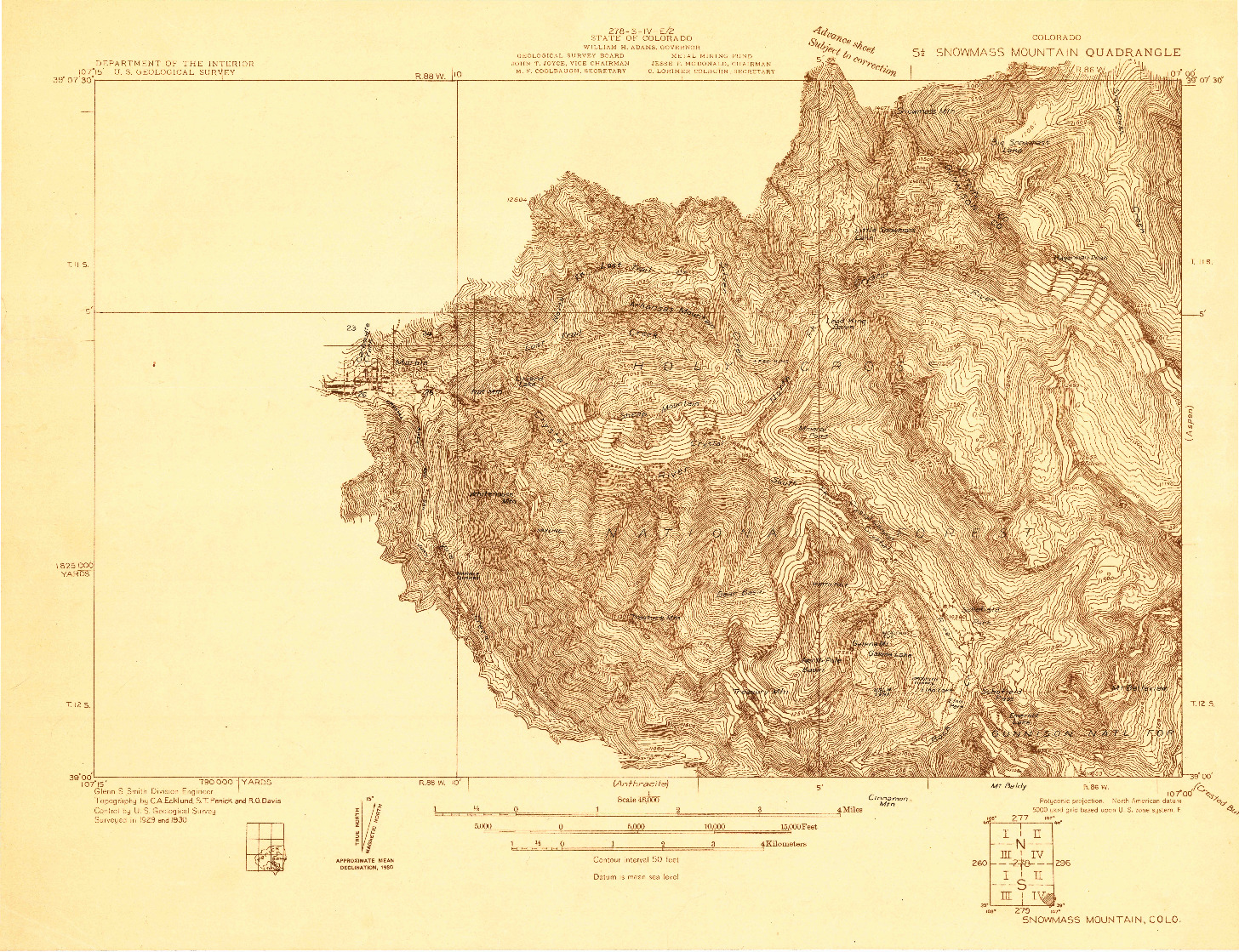 USGS 1:48000-SCALE QUADRANGLE FOR SNOWMASS MOUNTAIN, CO 1930