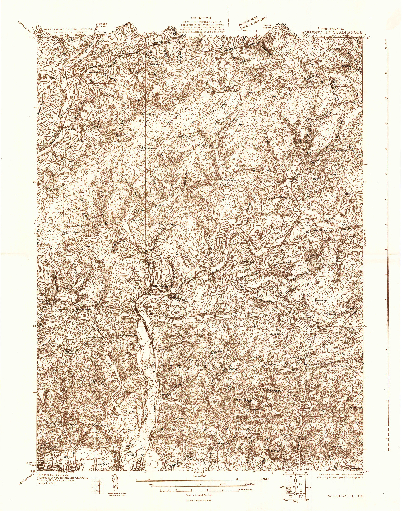 USGS 1:48000-SCALE QUADRANGLE FOR WARRENSVILLE, PA 1930