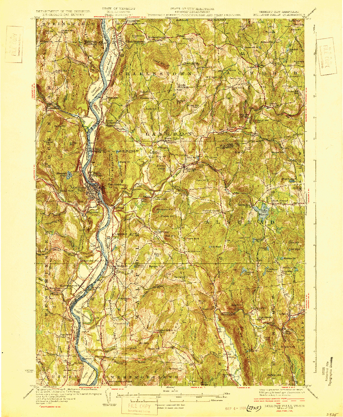 USGS 1:62500-SCALE QUADRANGLE FOR BELLOWS FALLS, VT 1930