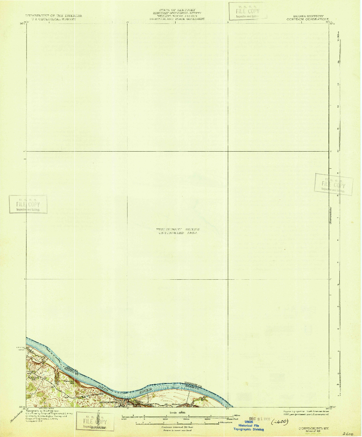 USGS 1:62500-SCALE QUADRANGLE FOR CORYDON, IN 1931