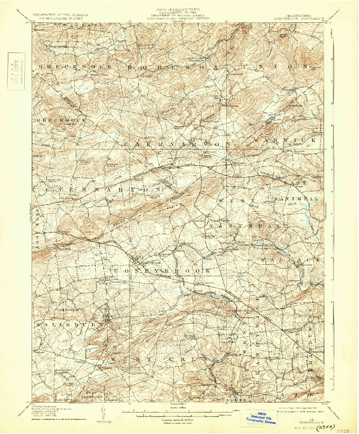 USGS 1:62500-SCALE QUADRANGLE FOR HONEYBROOK, PA 1907