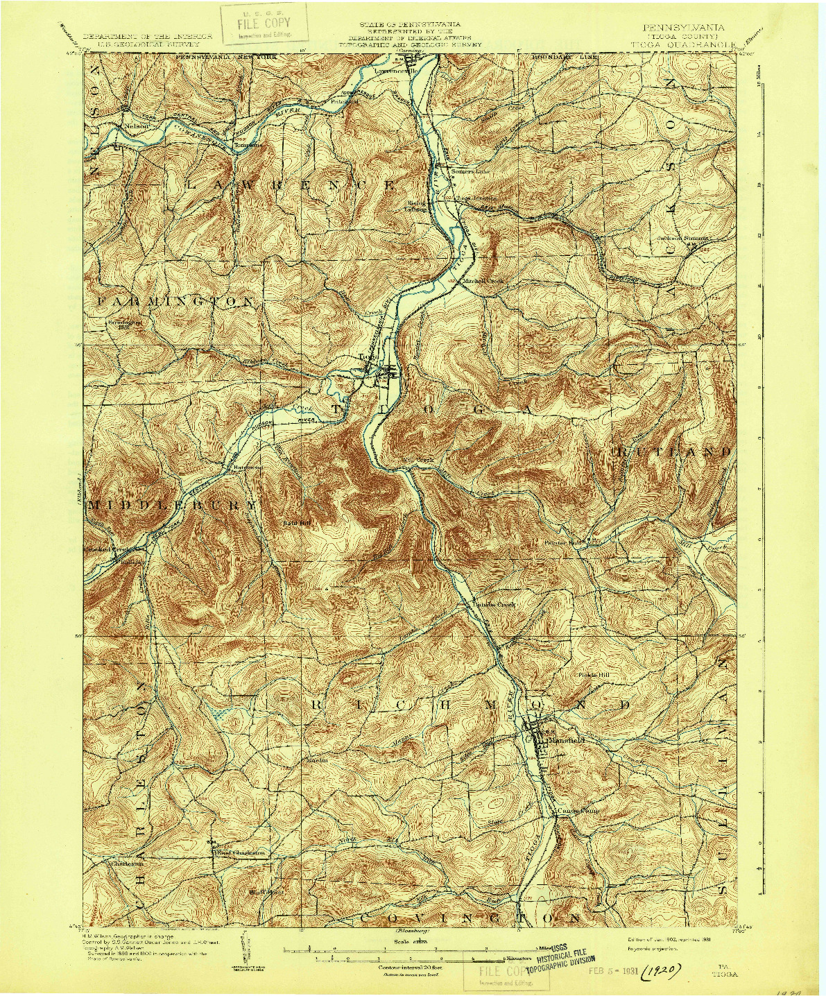 USGS 1:62500-SCALE QUADRANGLE FOR TIOGA, PA 1902
