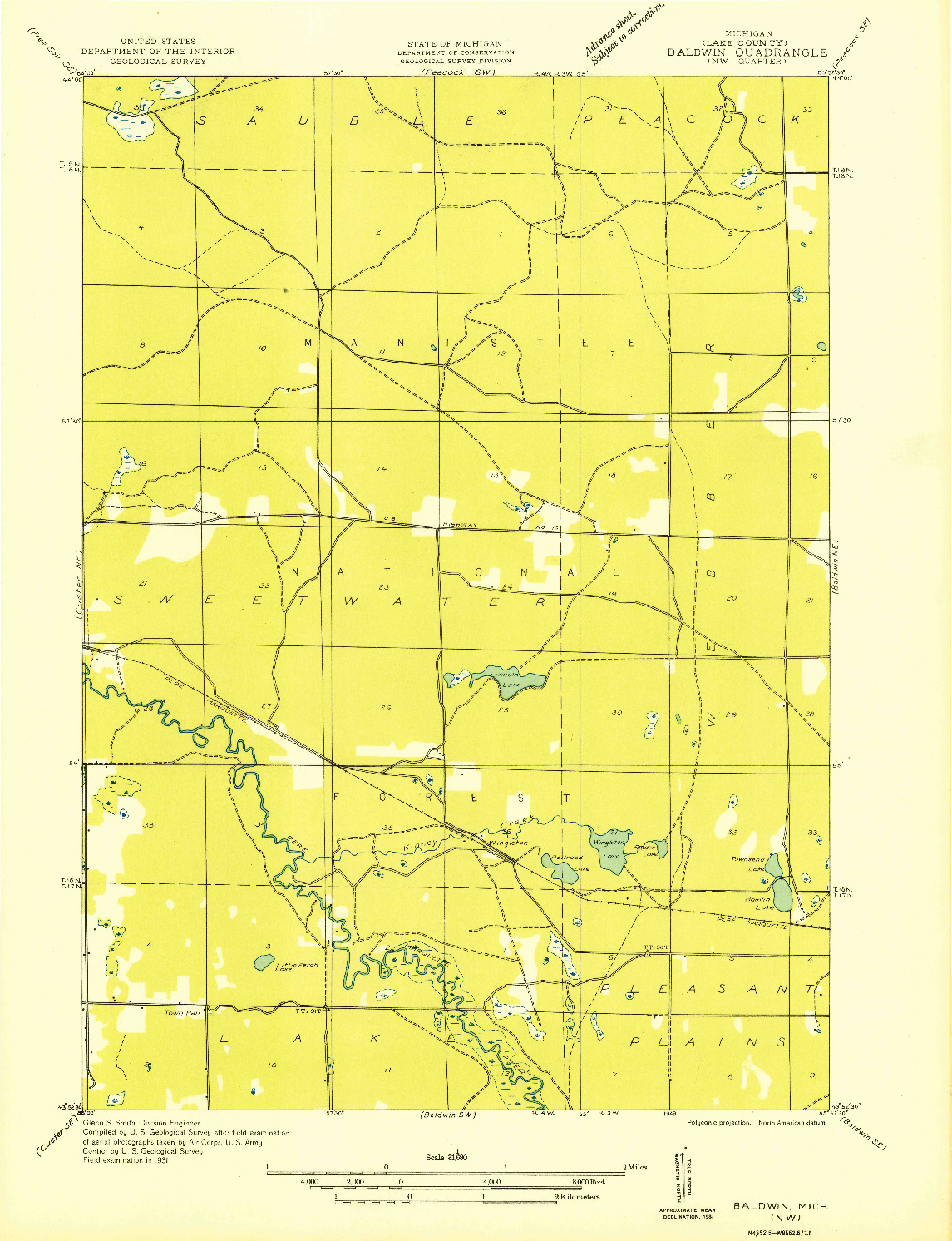 USGS 1:31680-SCALE QUADRANGLE FOR BALDWIN NW, MI 1931