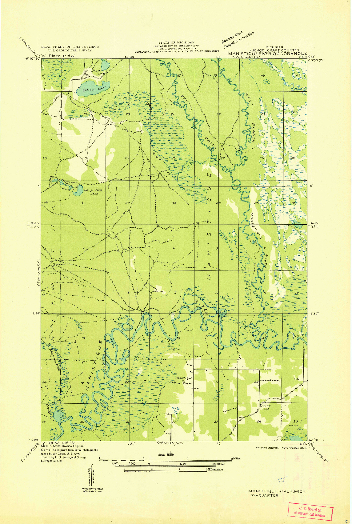 USGS 1:31680-SCALE QUADRANGLE FOR MANISTIQUE RIVER SW, MI 1931