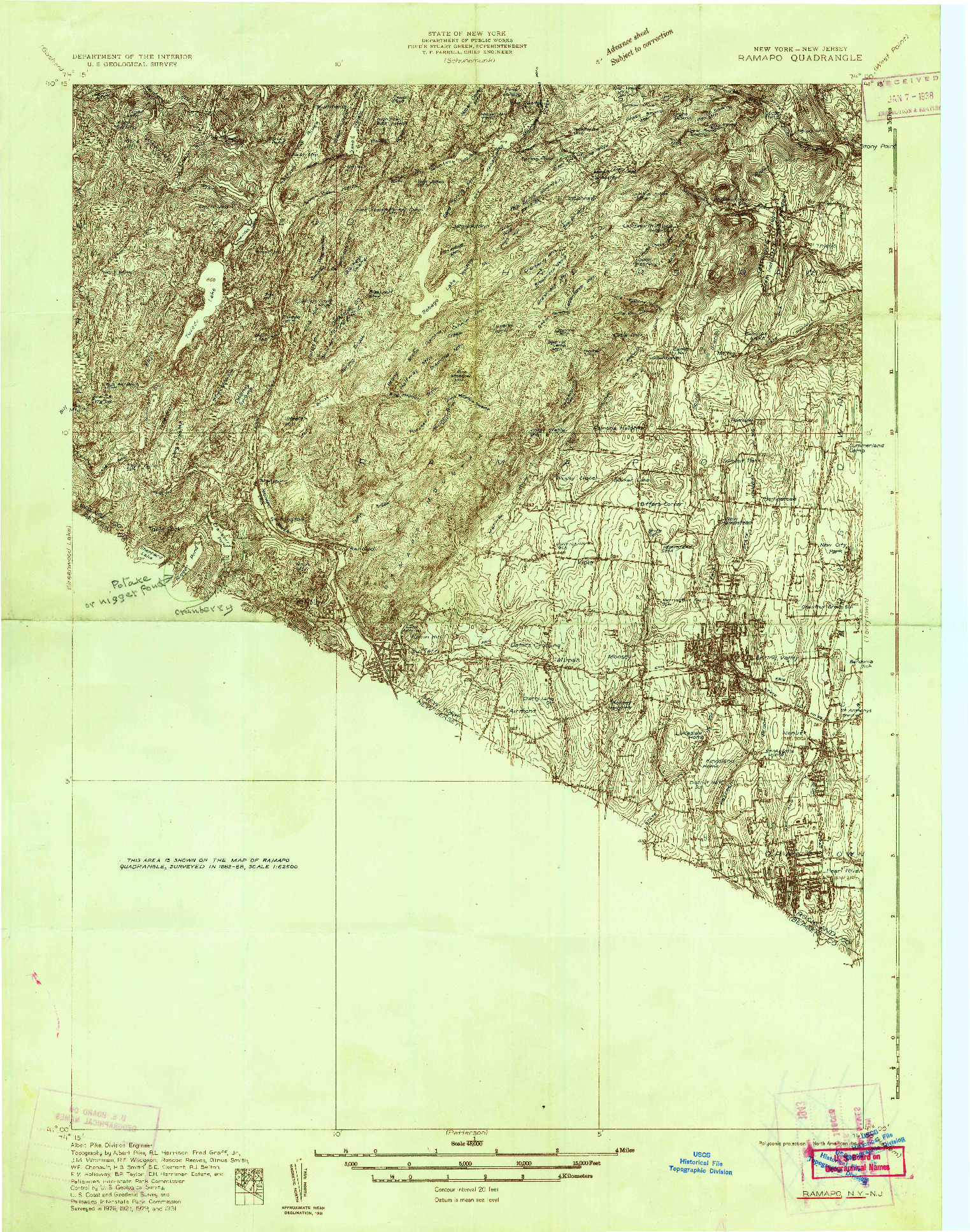 USGS 1:48000-SCALE QUADRANGLE FOR RAMAPO, NY 1931