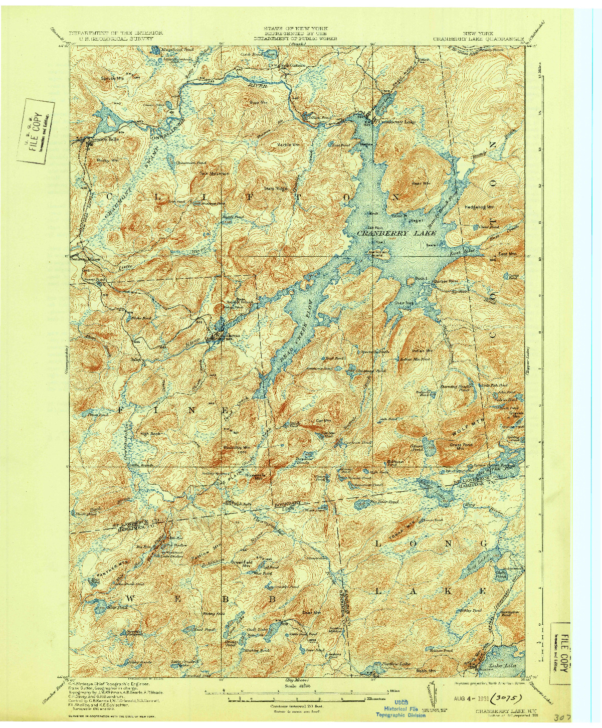 USGS 1:62500-SCALE QUADRANGLE FOR CRANBERRY LAKE, NY 1931