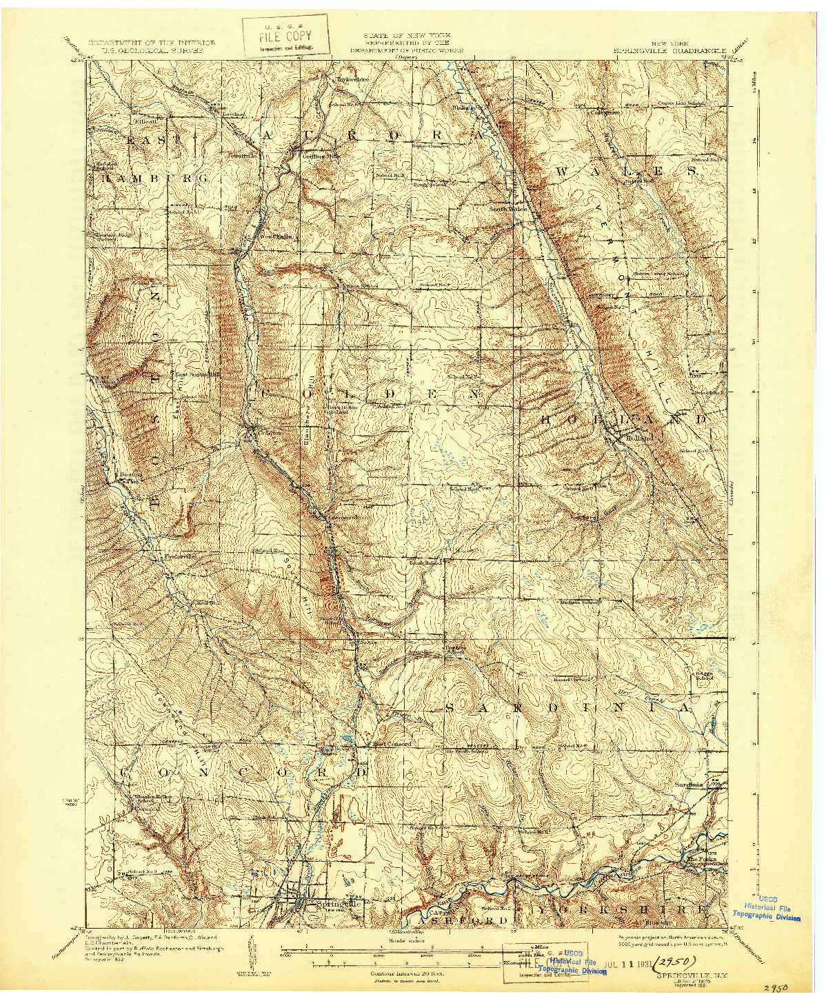 USGS 1:62500-SCALE QUADRANGLE FOR SPRINGVILLE, NY 1925