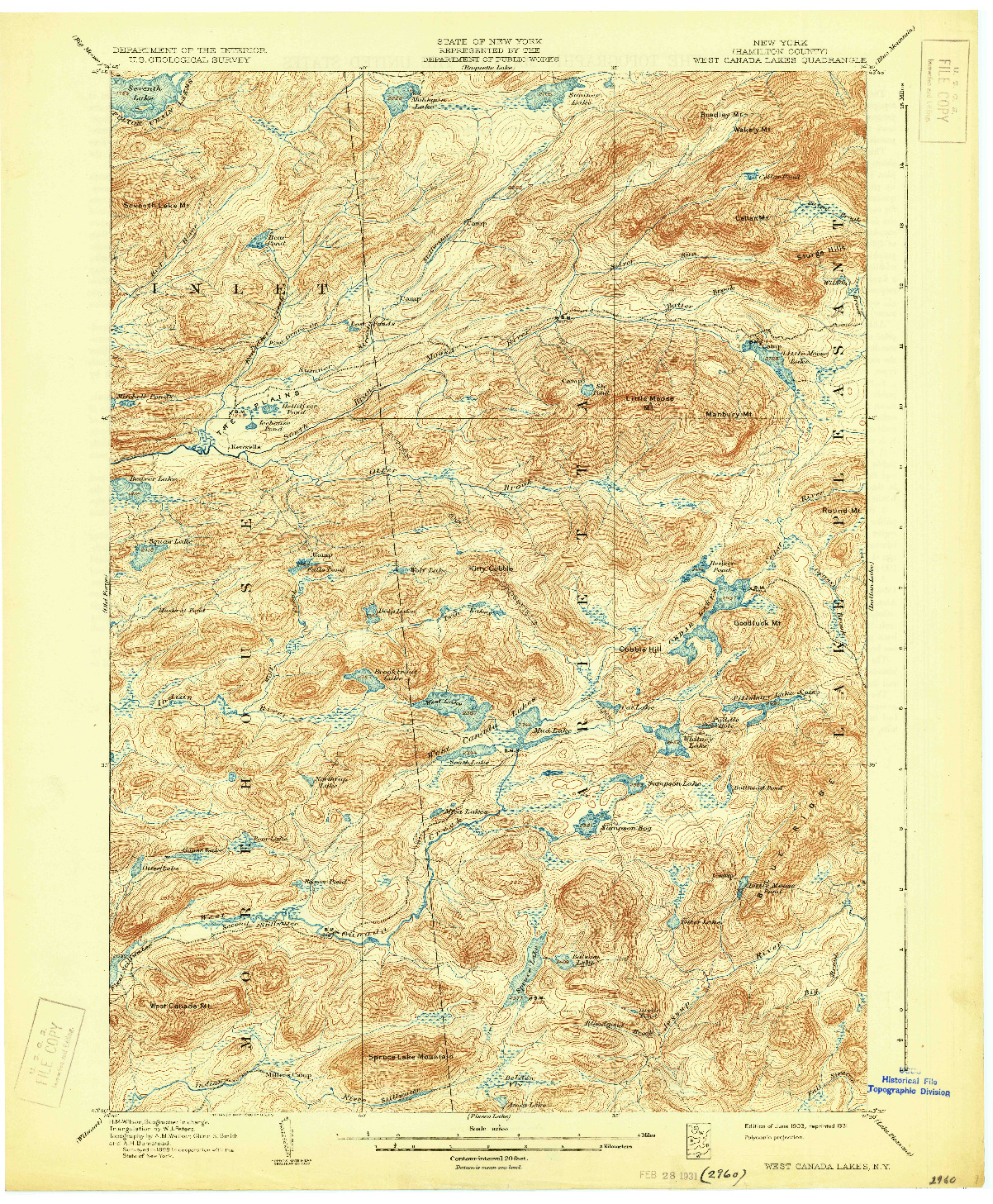 USGS 1:62500-SCALE QUADRANGLE FOR WEST CANADA LAKES, NY 1903