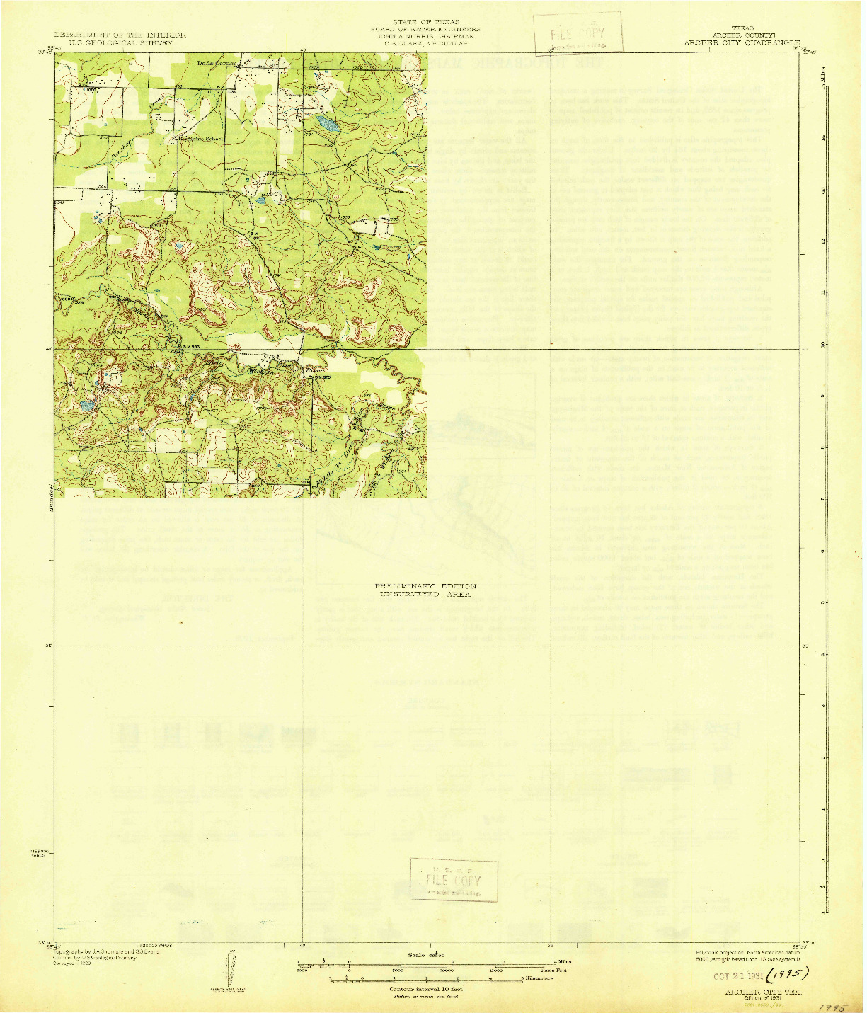 USGS 1:62500-SCALE QUADRANGLE FOR ARCHER CITY, TX 1931