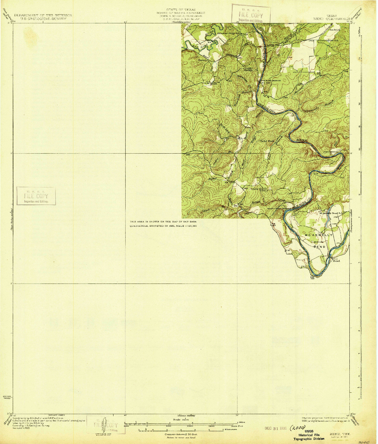 USGS 1:62500-SCALE QUADRANGLE FOR BEND, TX 1931