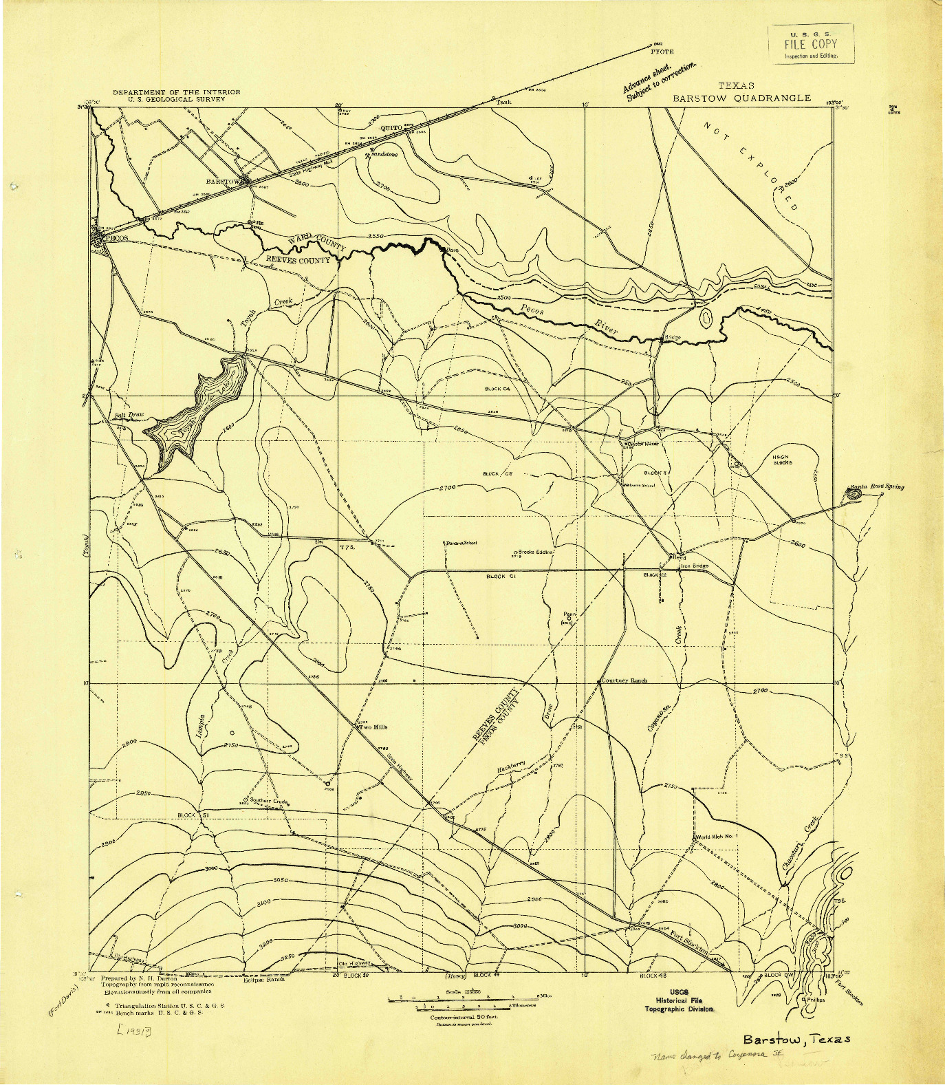 USGS 1:125000-SCALE QUADRANGLE FOR BARSTOW, TX 1931