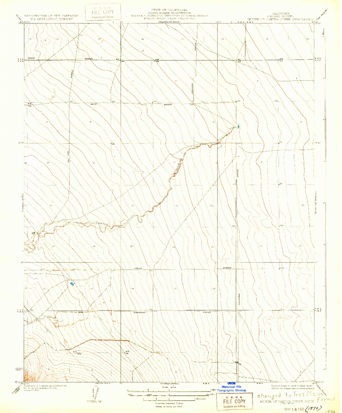 USGS 1:31680-SCALE QUADRANGLE FOR MOUTH OF CANTUA CREEK, CA 1931