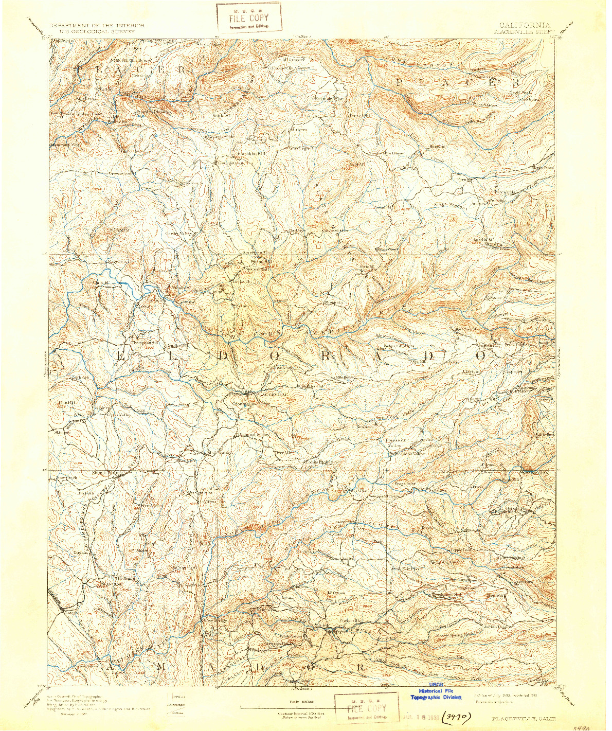 USGS 1:125000-SCALE QUADRANGLE FOR PLACERVILLE, CA 1893