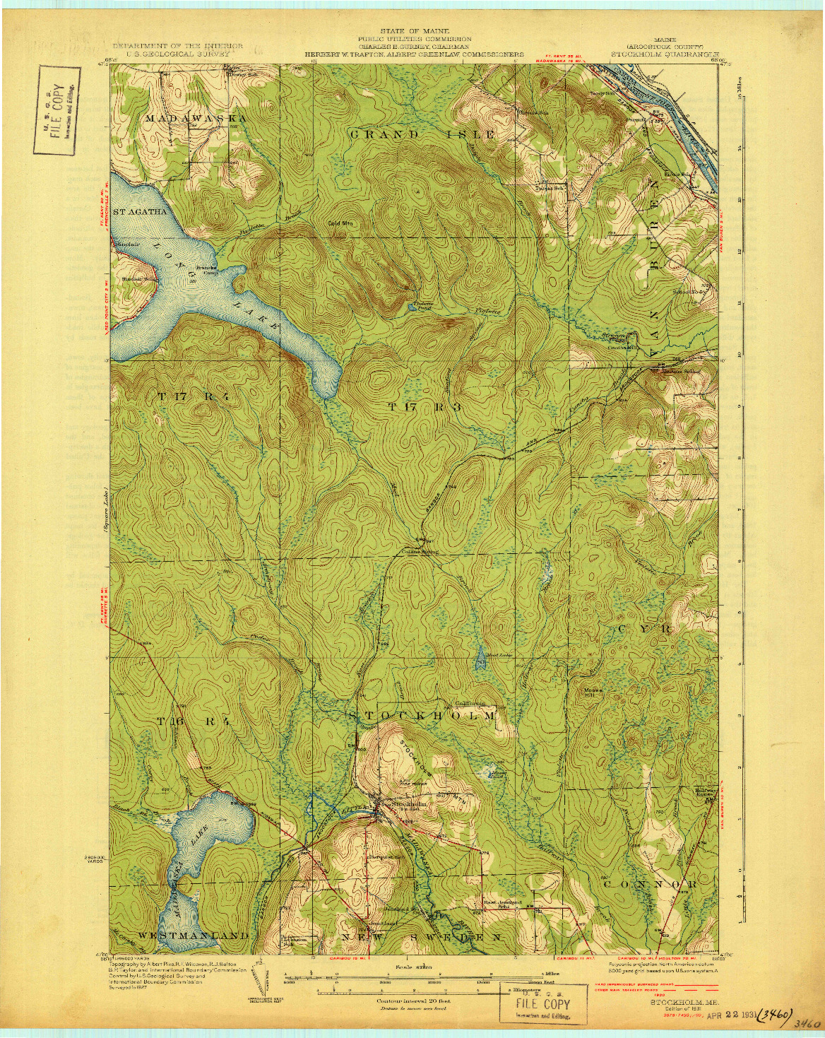 USGS 1:62500-SCALE QUADRANGLE FOR STOCKHOLM, ME 1931