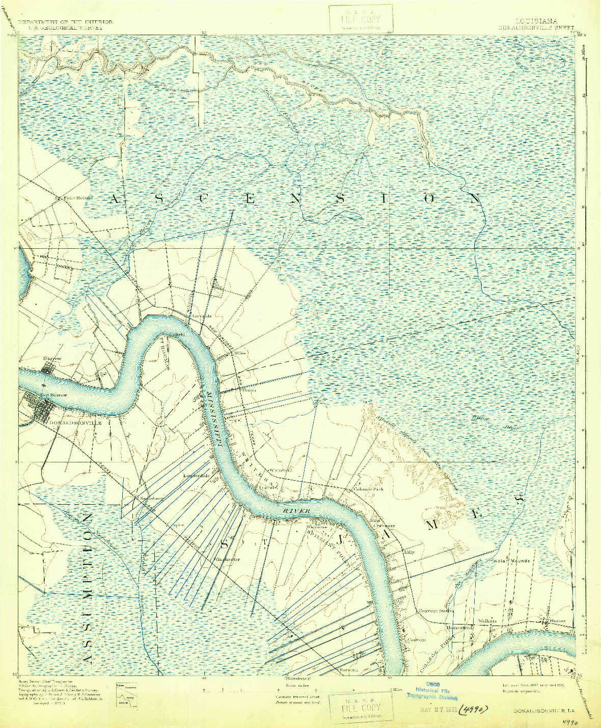 USGS 1:62500-SCALE QUADRANGLE FOR DONALDSONVILLE, LA 1892