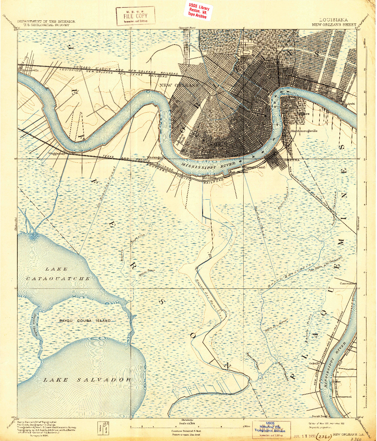 USGS 1:62500-SCALE QUADRANGLE FOR NEW ORLEANS, LA 1891