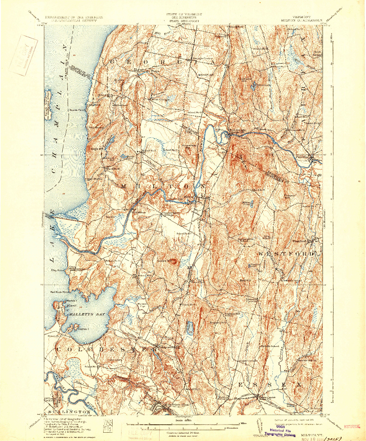 USGS 1:62500-SCALE QUADRANGLE FOR MILTON, VT 1915