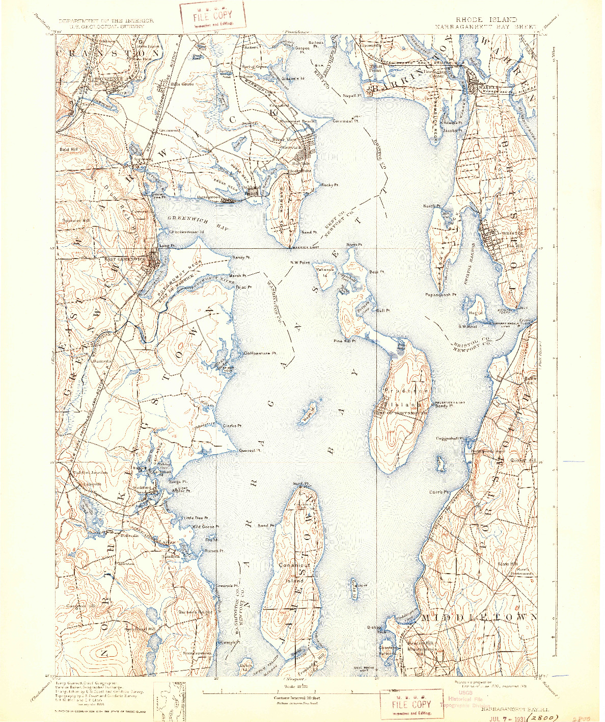 USGS 1:62500-SCALE QUADRANGLE FOR NARRAGANSETT BAY, RI 1892