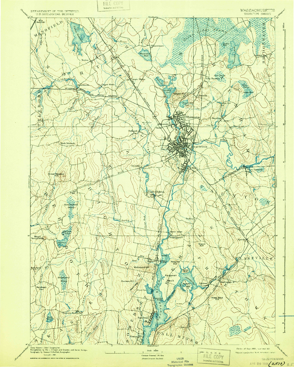 USGS 1:62500-SCALE QUADRANGLE FOR TAUNTON, MA 1893