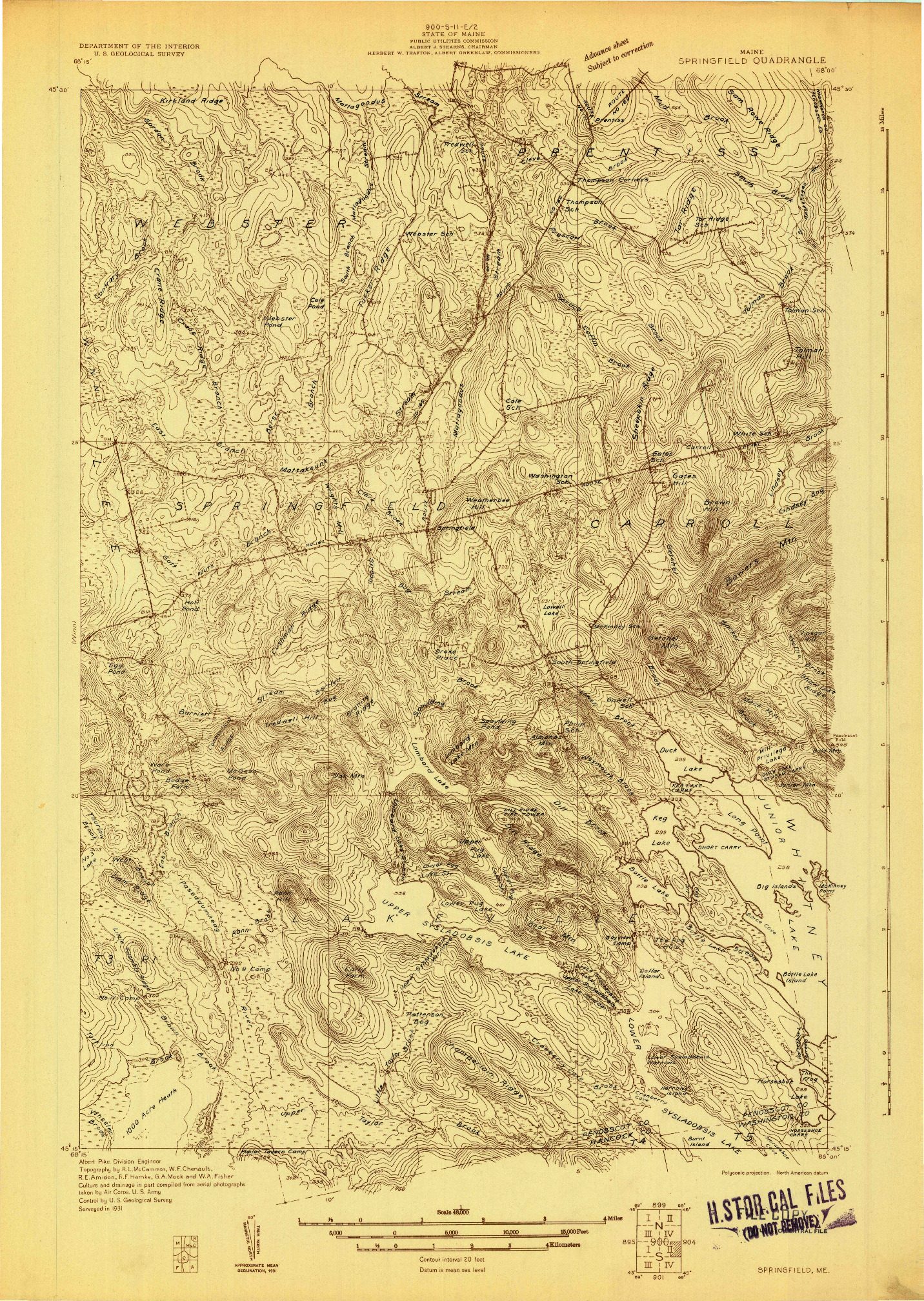 USGS 1:48000-SCALE QUADRANGLE FOR SPRINGFIELD, ME 1931