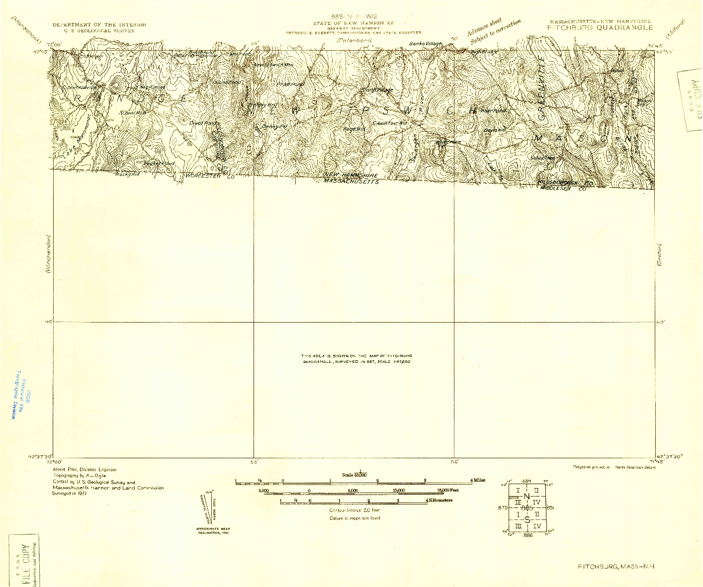 USGS 1:48000-SCALE QUADRANGLE FOR FITCHBURG, MA 1931