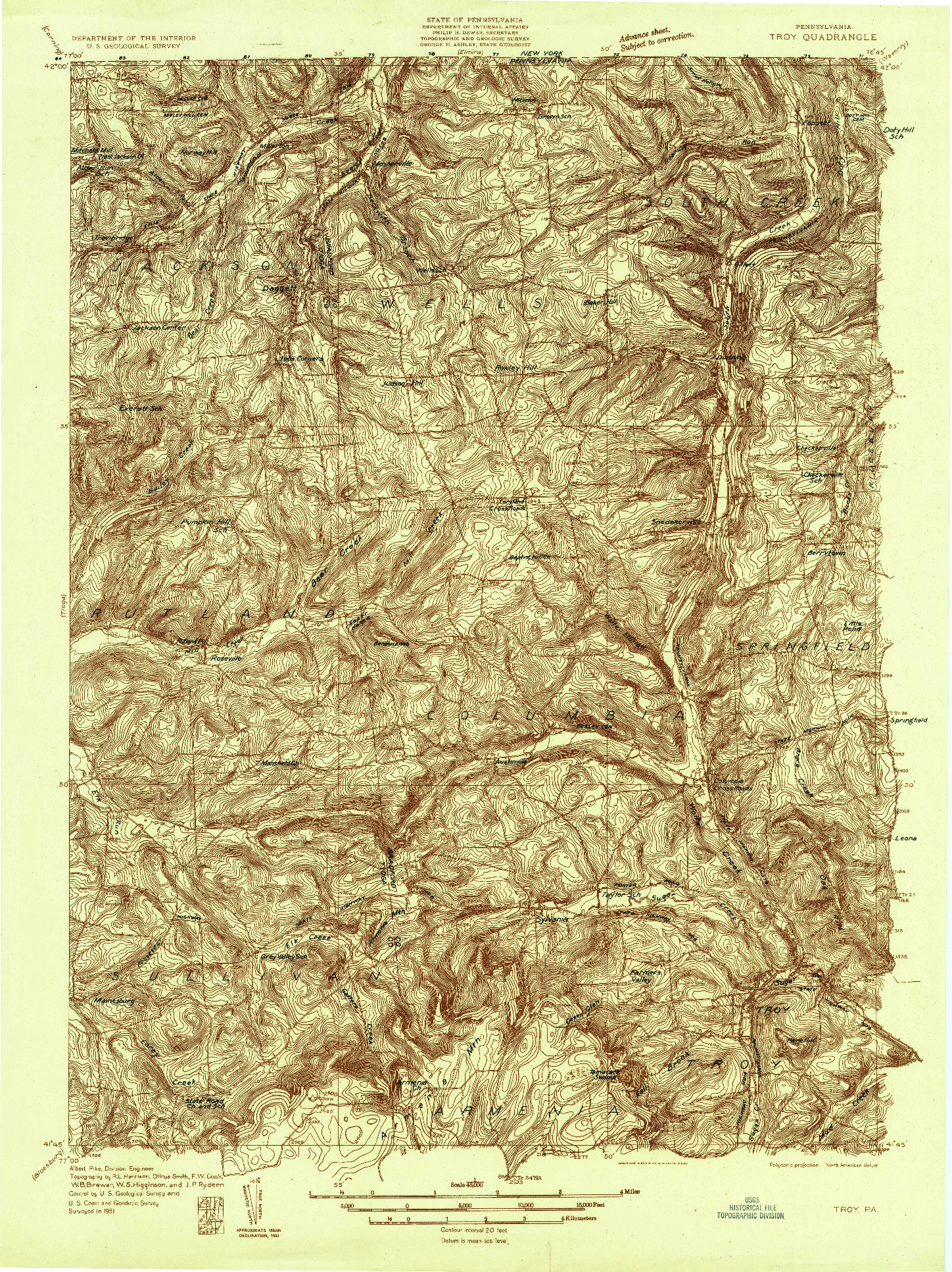 USGS 1:48000-SCALE QUADRANGLE FOR TROY, PA 1931