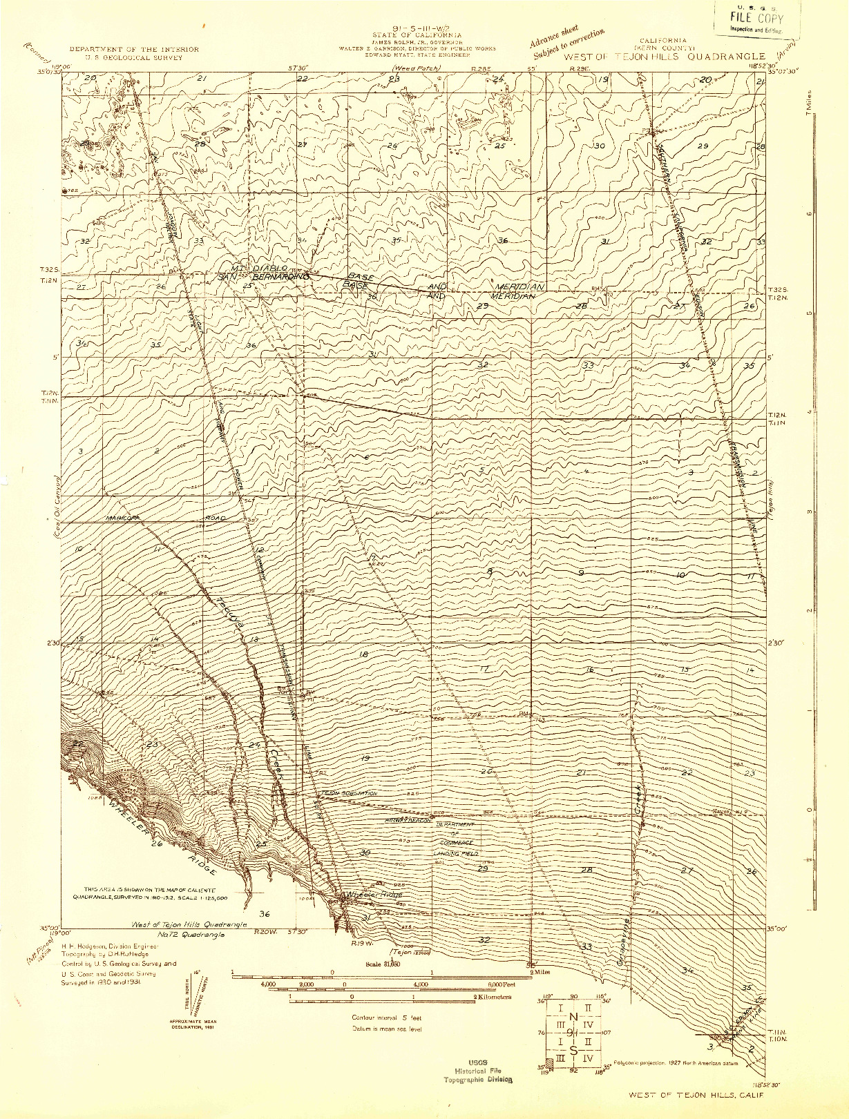 USGS 1:31680-SCALE QUADRANGLE FOR WEST OF TEJON HILLS, CA 1931