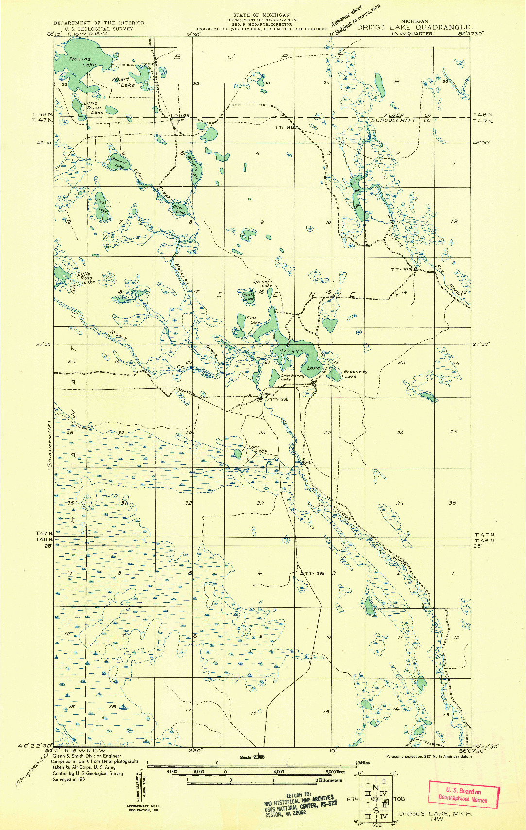 USGS 1:31680-SCALE QUADRANGLE FOR DRIGGS LAKE NW, MI 1931