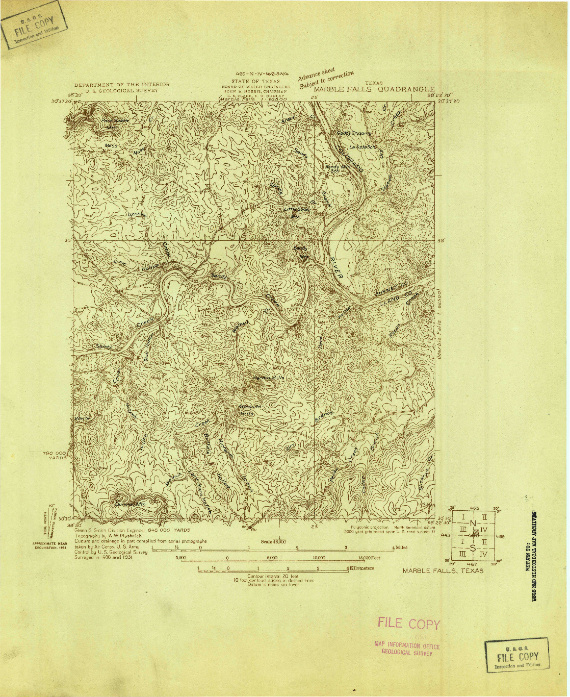 USGS 1:48000-SCALE QUADRANGLE FOR MARBLE FALLS, TX 1931