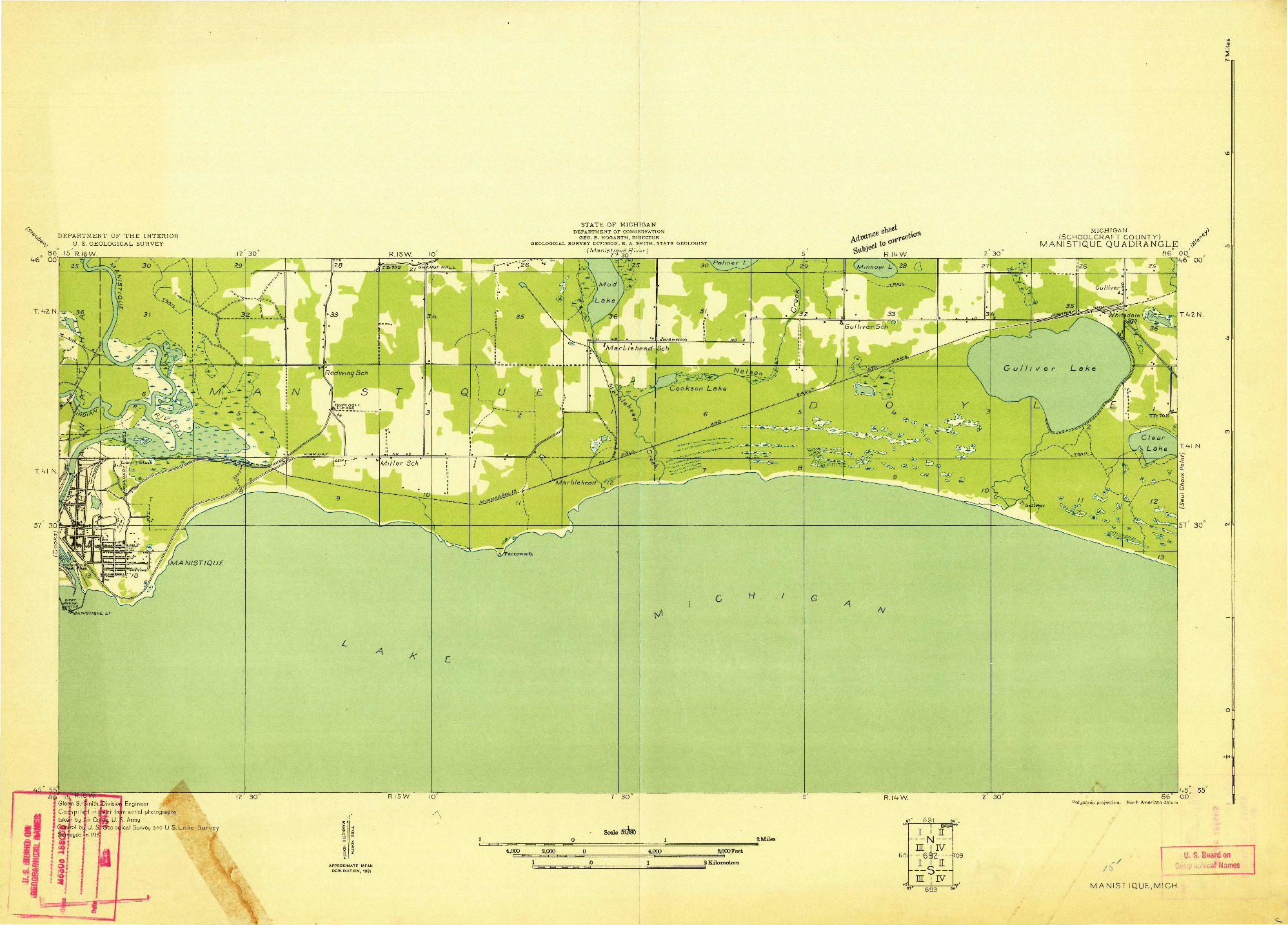 USGS 1:31680-SCALE QUADRANGLE FOR MANISTIQUE, MI 1931