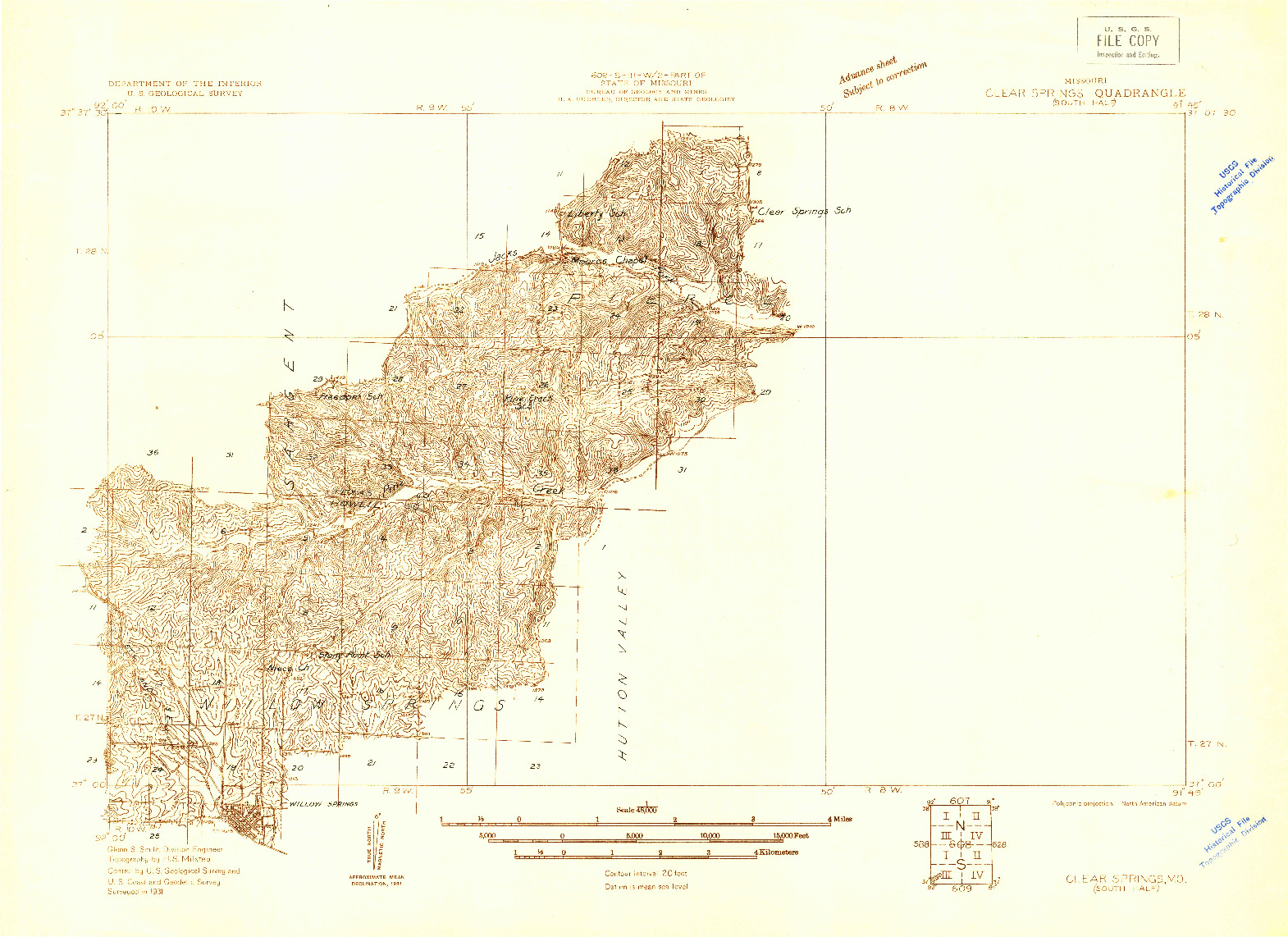 USGS 1:48000-SCALE QUADRANGLE FOR CLEAR SPRINGS, MO 1931